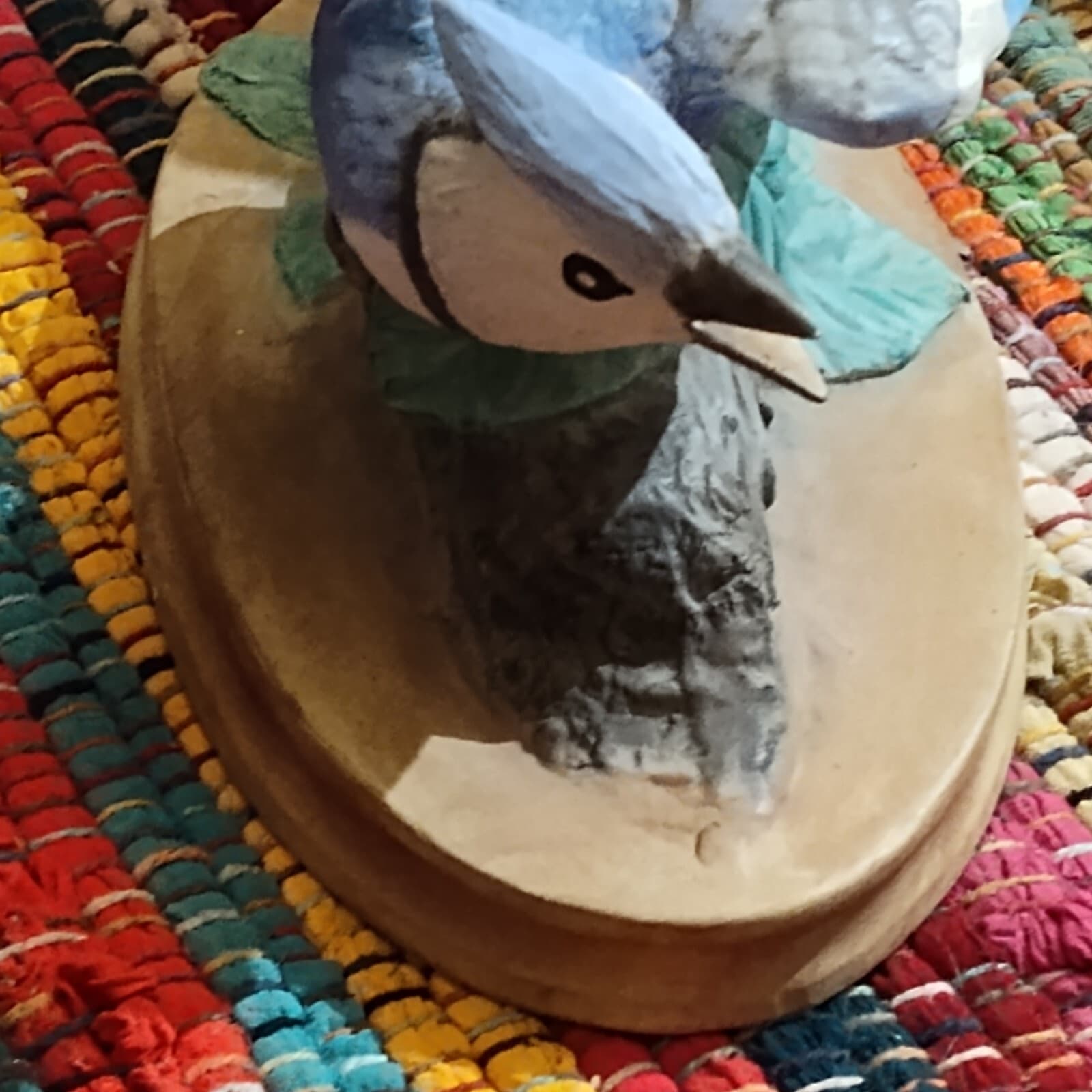 Handmade Ceramic Blue Jay Figurine Oval Base With Foliage Hand Painted - Thumbnail 4