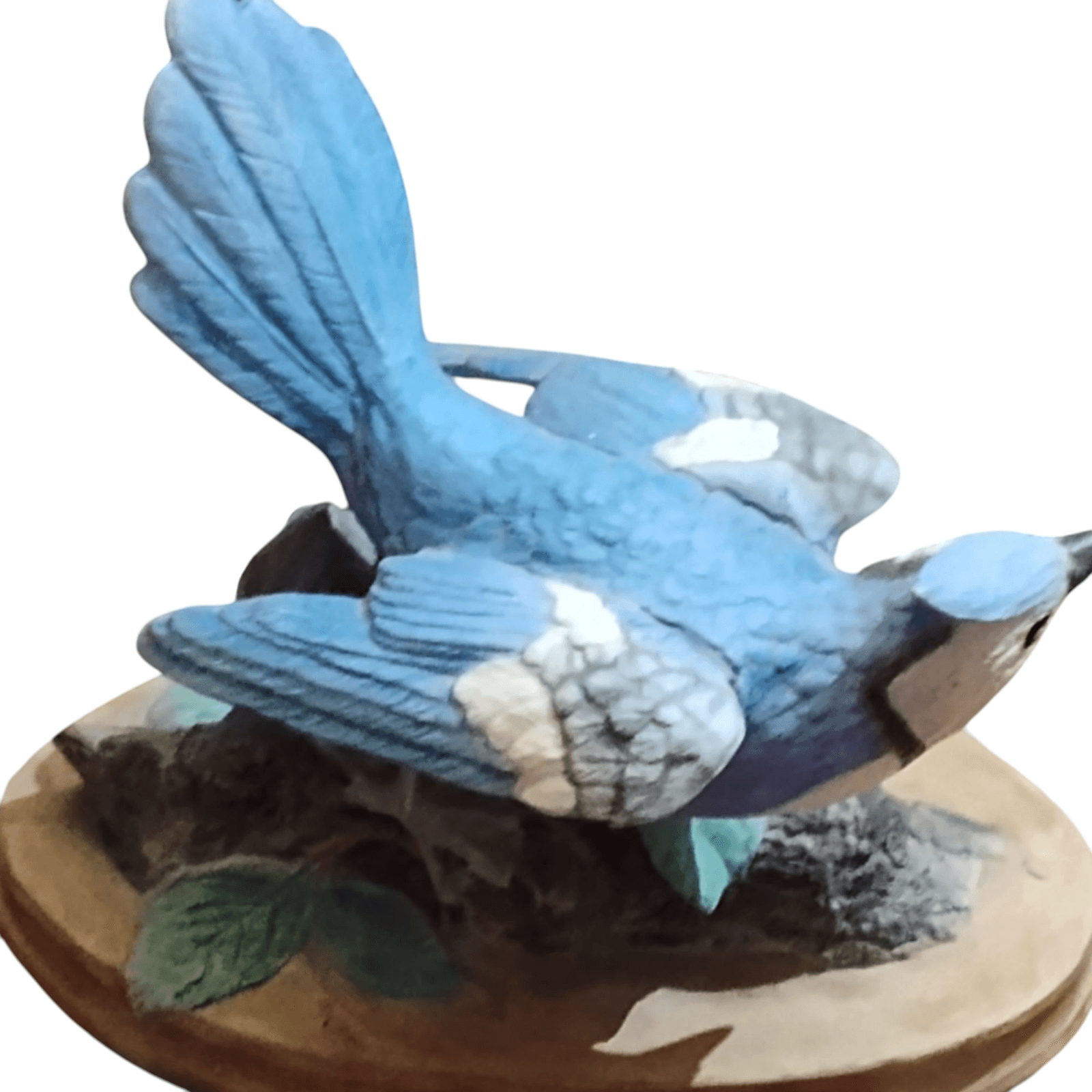 Handmade Ceramic Blue Jay Figurine Oval Base With Foliage Hand Painted - Thumbnail 2
