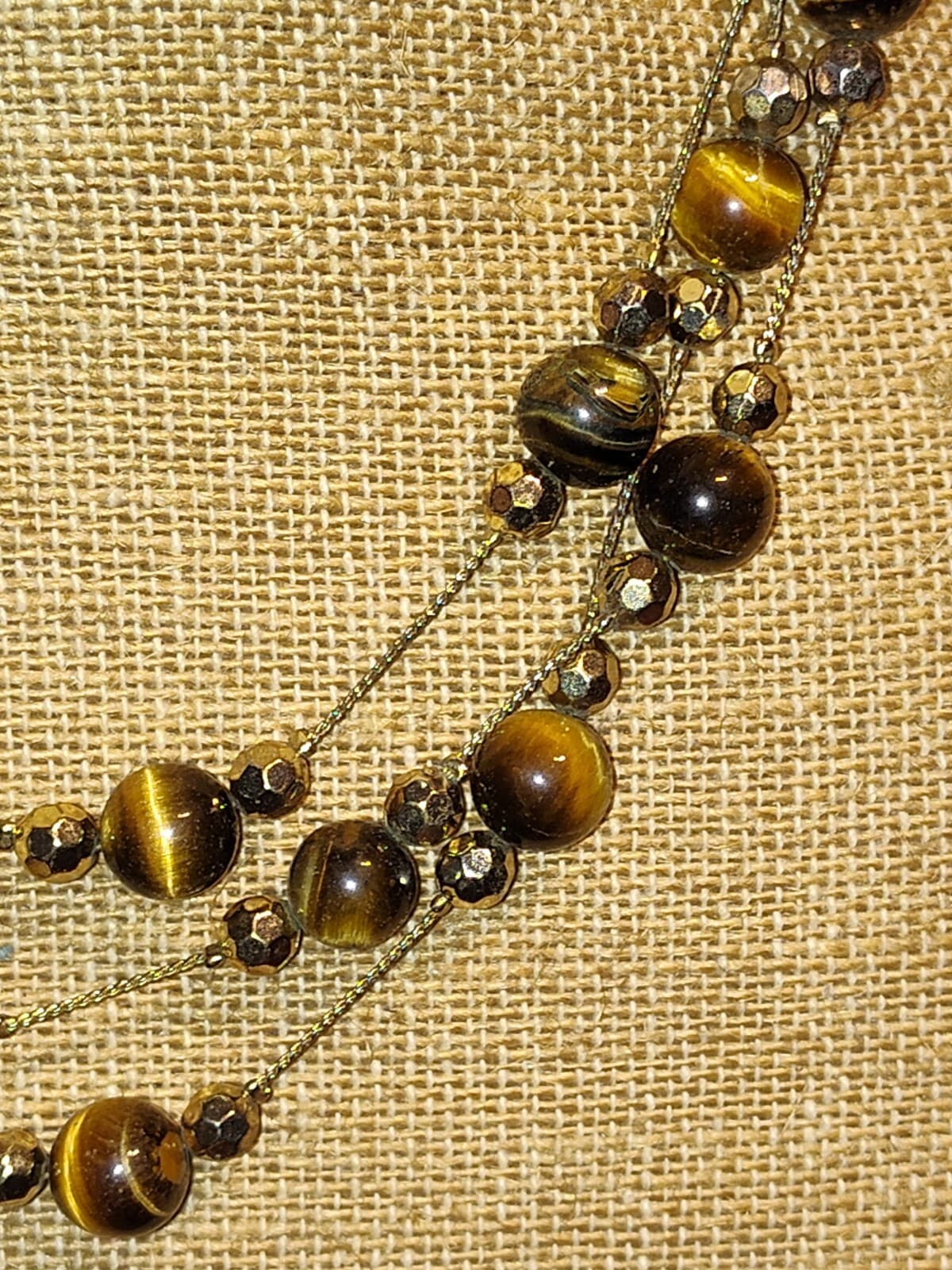 Vtg Multi strand Tiger Eye beaded necklace w/goldtone accents - Thumbnail 2