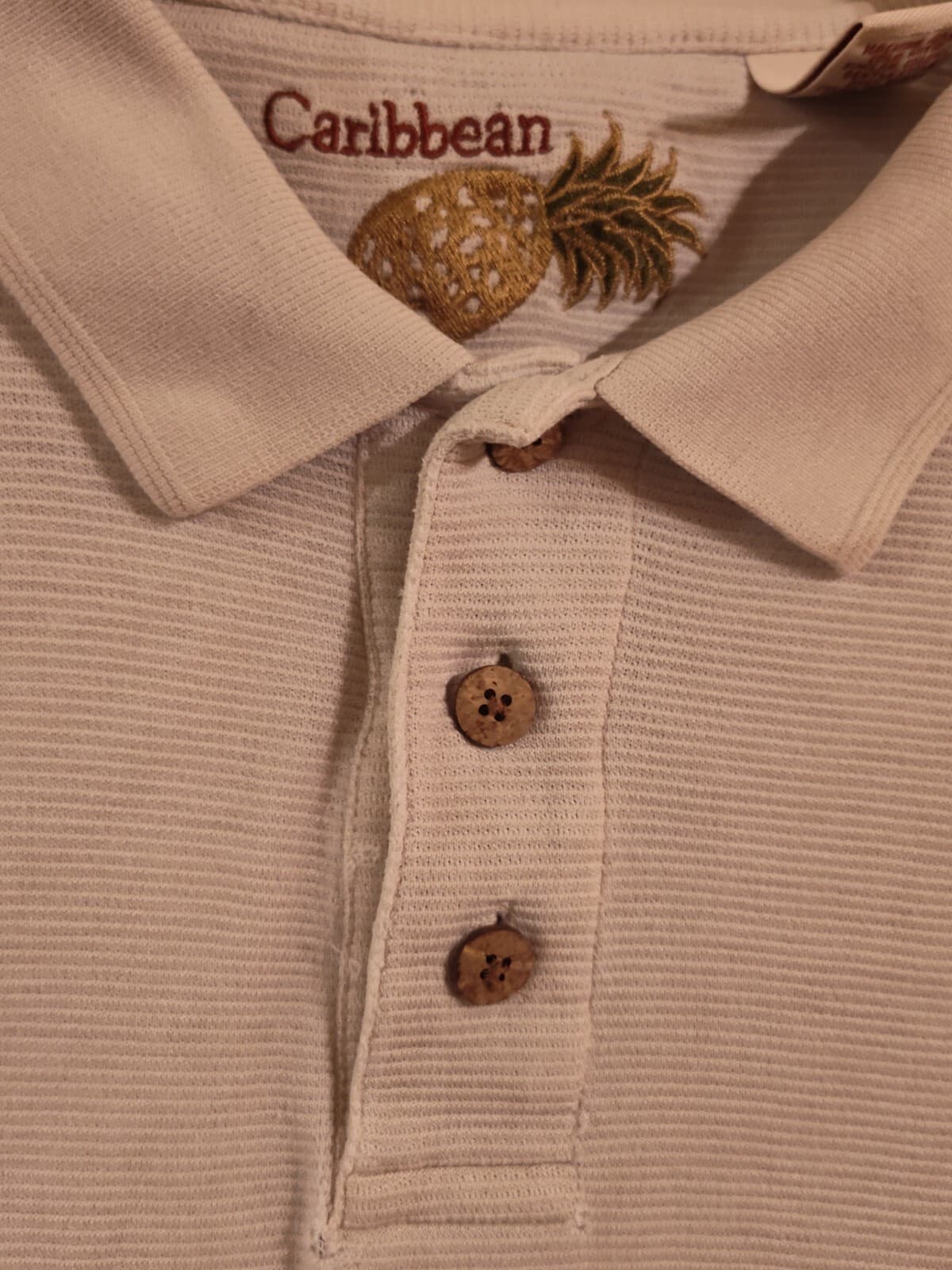 Caribbean Joe Polo Shirt Adult XXL Creme Silk Striped Hawaiian Mens Summer - Thumbnail 4