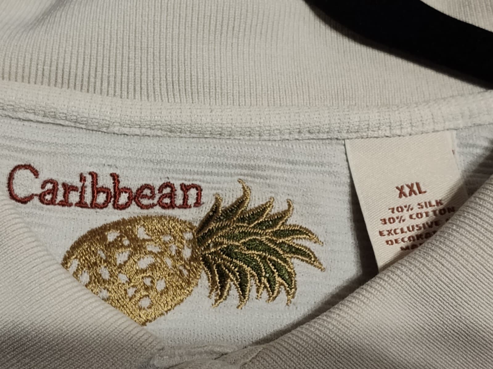 Caribbean Joe Polo Shirt Adult XXL Creme Silk Striped Hawaiian Mens Summer - Thumbnail 3