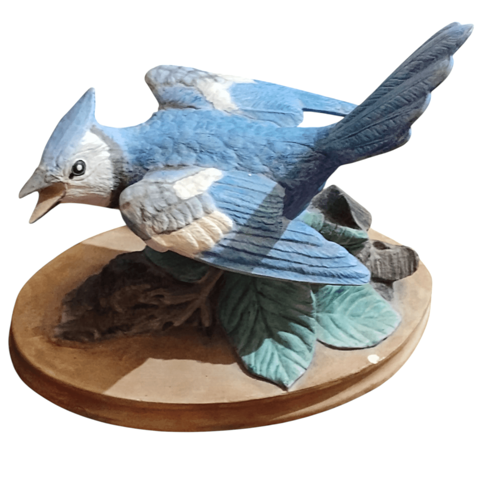 Handmade Ceramic Blue Jay Figurine Oval Base With Foliage Hand Painted - Image 1