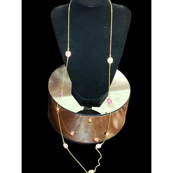 KATE SPADE NEW YORK FLUTTER FLORAL SCATTER GOLD LONG 40" NECKLACE station pink - Image 1