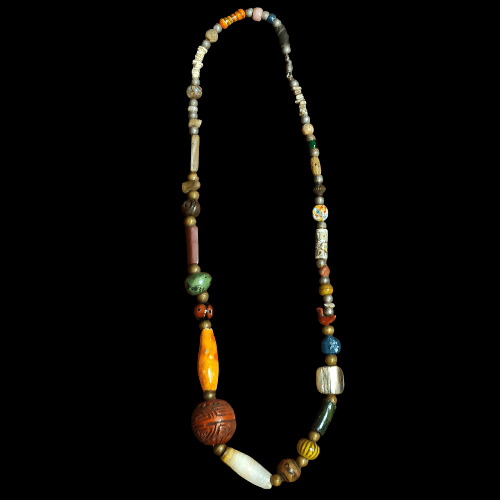 Antique Trade bead Necklace w/ Cinnabar African, Porcelain,Stone,bone - Thumbnail 3