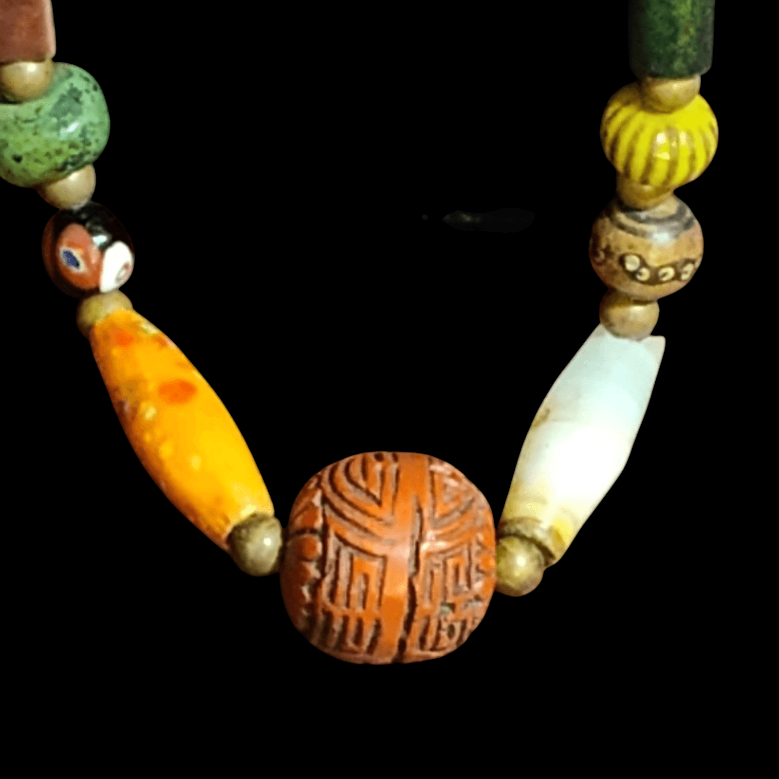 Antique Trade bead Necklace w/ Cinnabar African, Porcelain,Stone,bone - Thumbnail 2