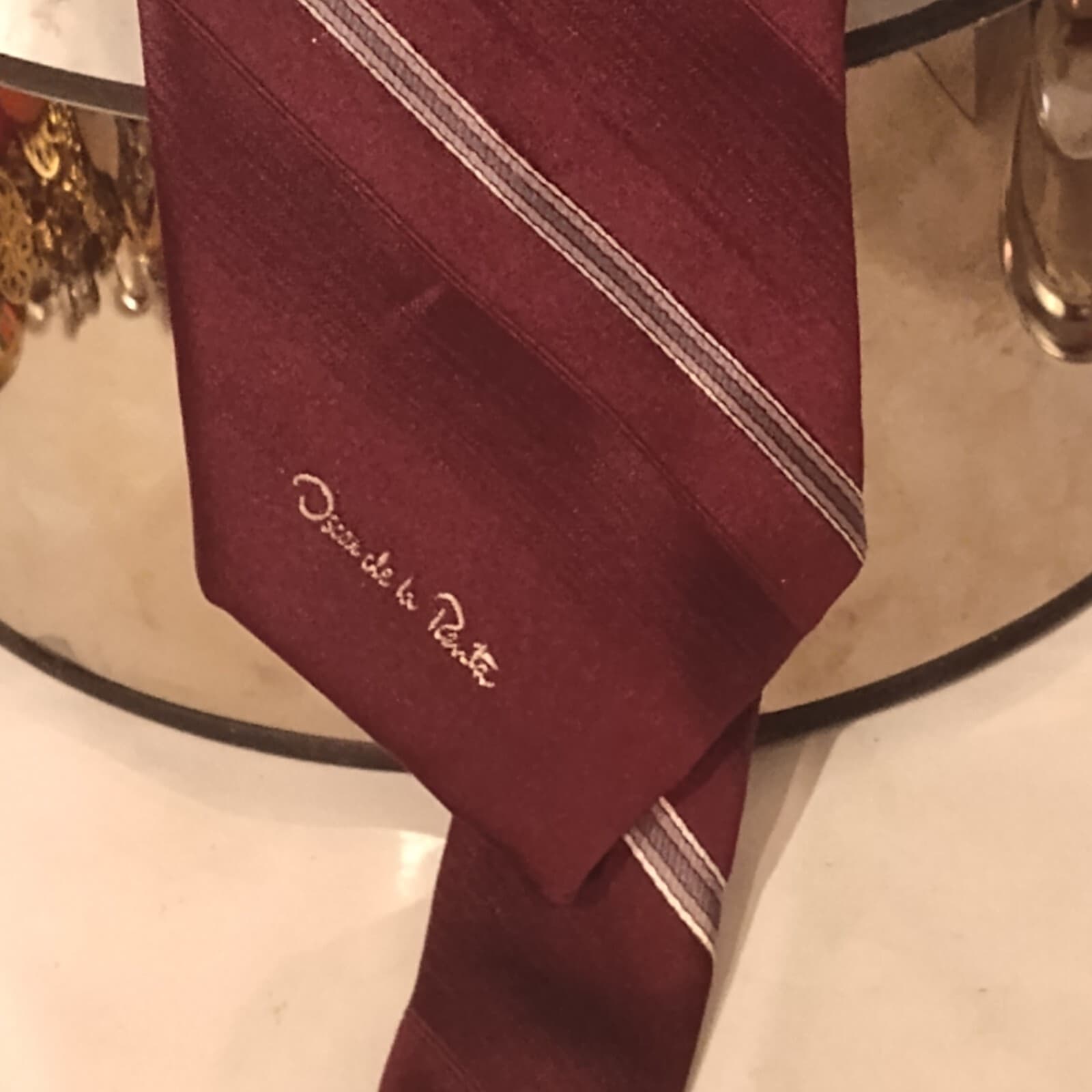 Vintage Oscar De La Renta Tie Maroon Burgundy Striped Silk and Polyester - Thumbnail 2