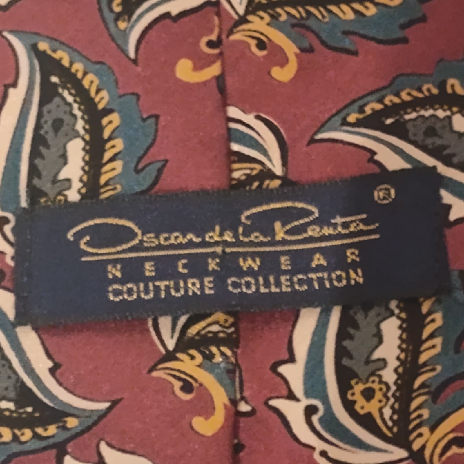 Oscar dela Renta Mens Silk 58" Necktie USA Maroon w/ Blue, Gray Floral & Paisley - Thumbnail 3