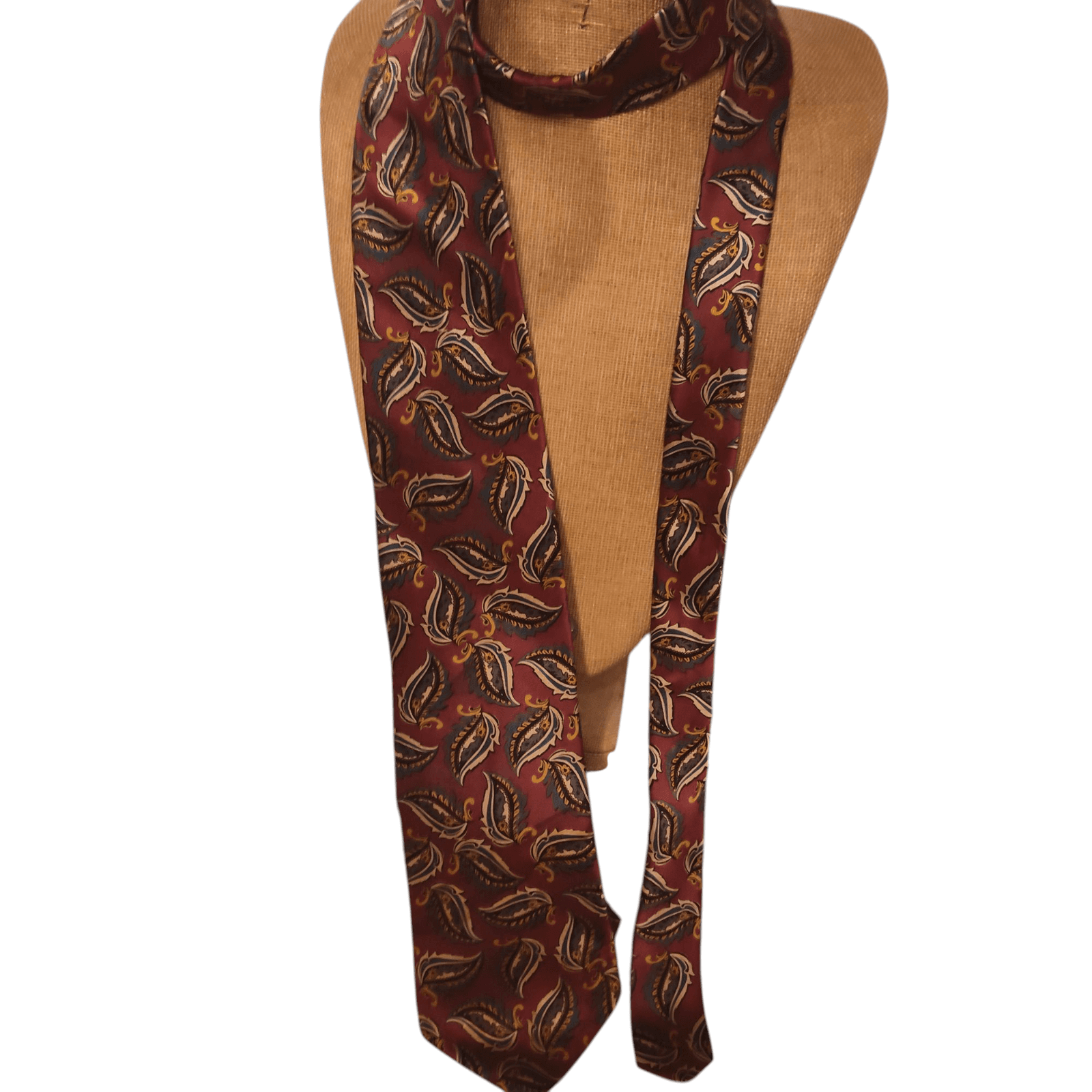 Oscar dela Renta Mens Silk 58" Necktie USA Maroon w/ Blue, Gray Floral & Paisley - Image 1