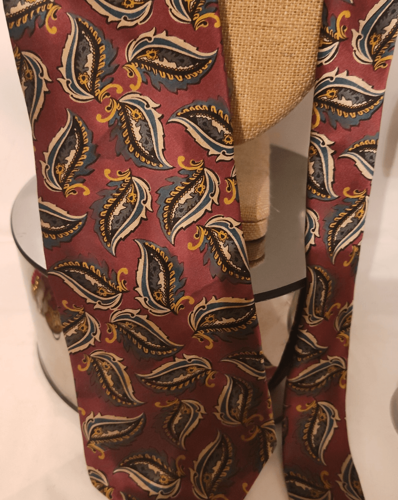 Oscar dela Renta Mens Silk 58" Necktie USA Maroon w/ Blue, Gray Floral & Paisley - Thumbnail 2