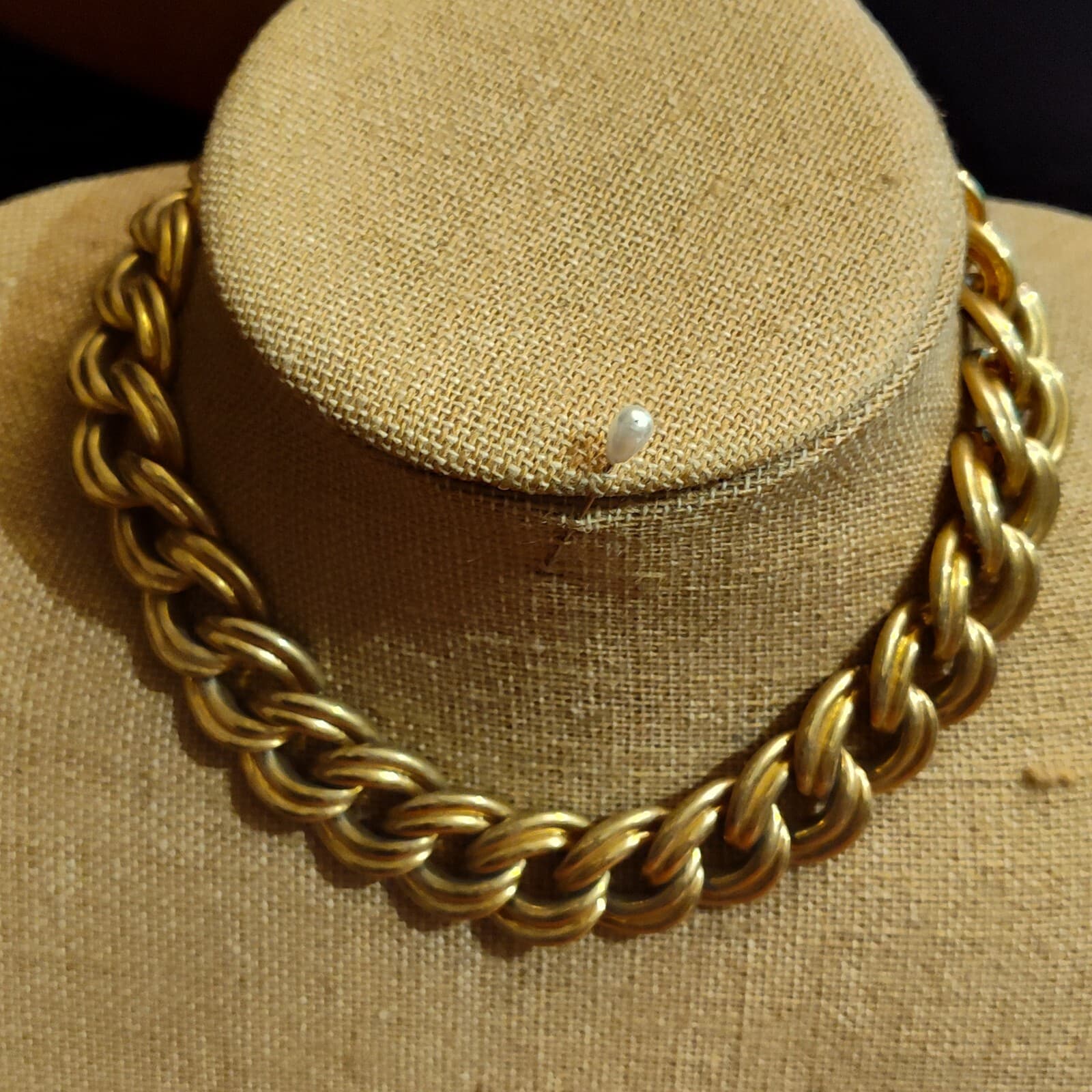 Vintage Heavy Double Chain Choker Necklace Chunky Gold Tone 18.5" x 3/4" - Image 1