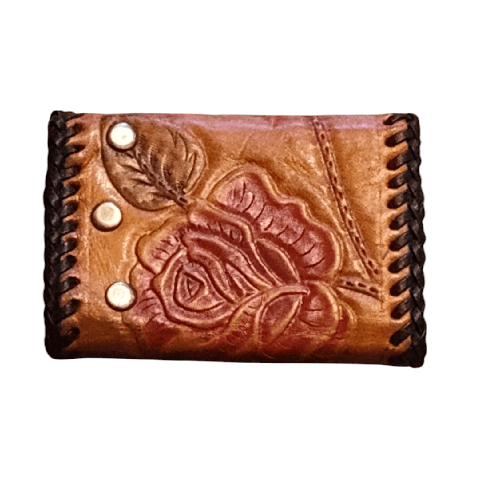 Hand Tooled Vintage Leather Western Key Clip Holder Rose And Whip Stitched - Thumbnail 2