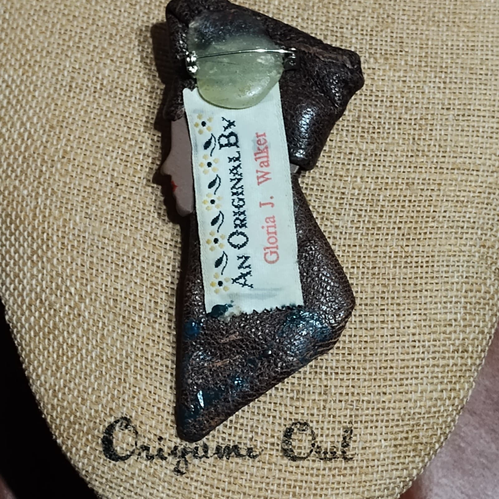 Vtg African American Head Brooch Gloria J walker Handmade Celluloid - Thumbnail 3