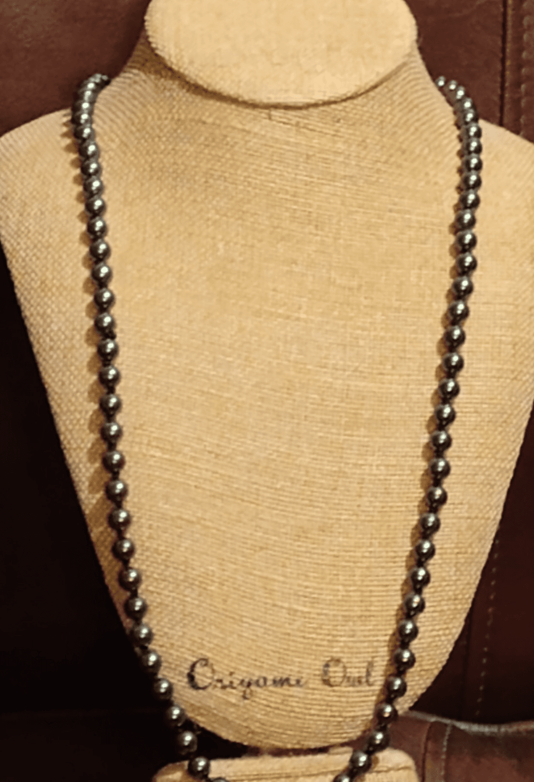 elegant vtg dark hematite long round bead necklace - Thumbnail 2