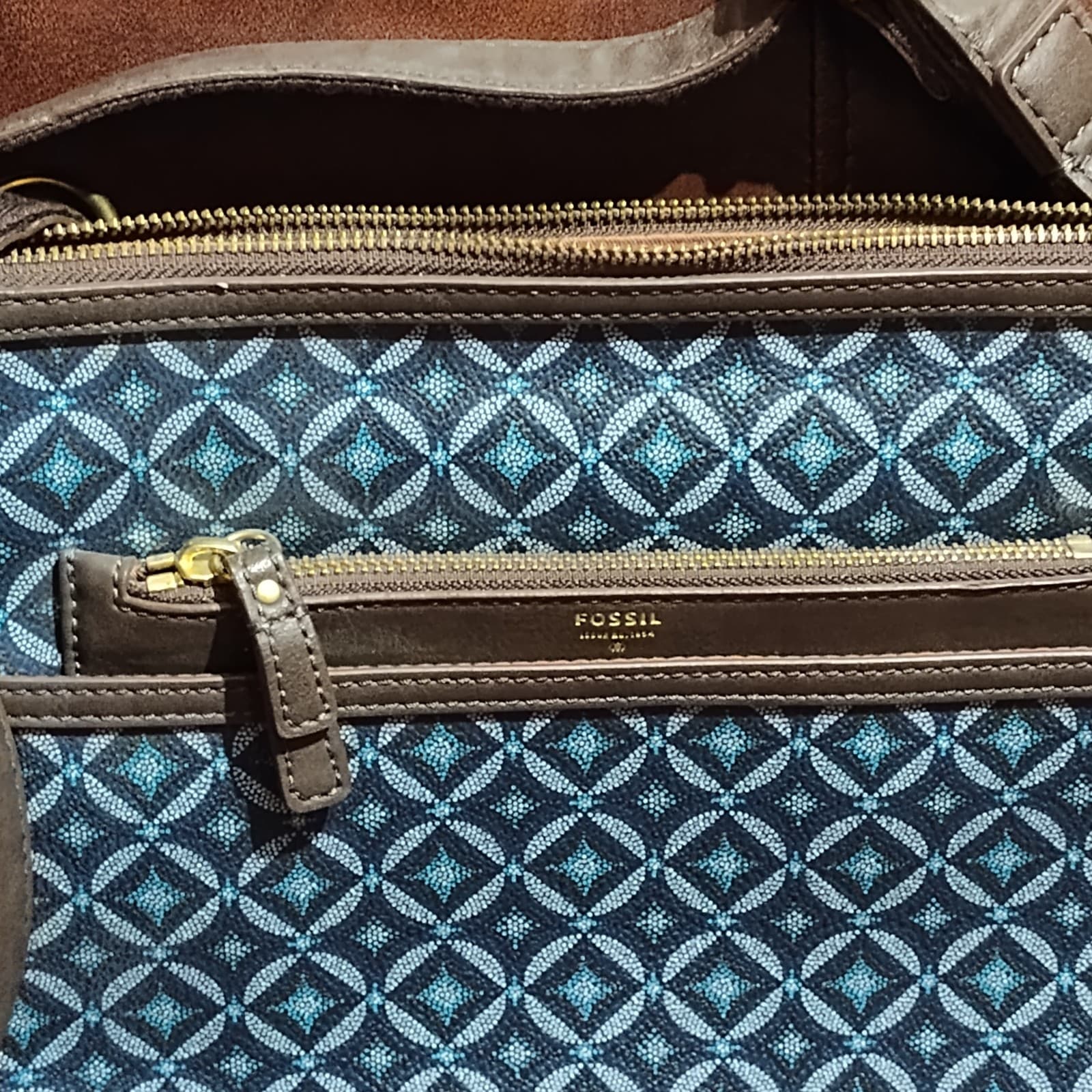 Vtg Leather Fossil handbag Tessa Crossbody blue woven braided pattern - Thumbnail 2