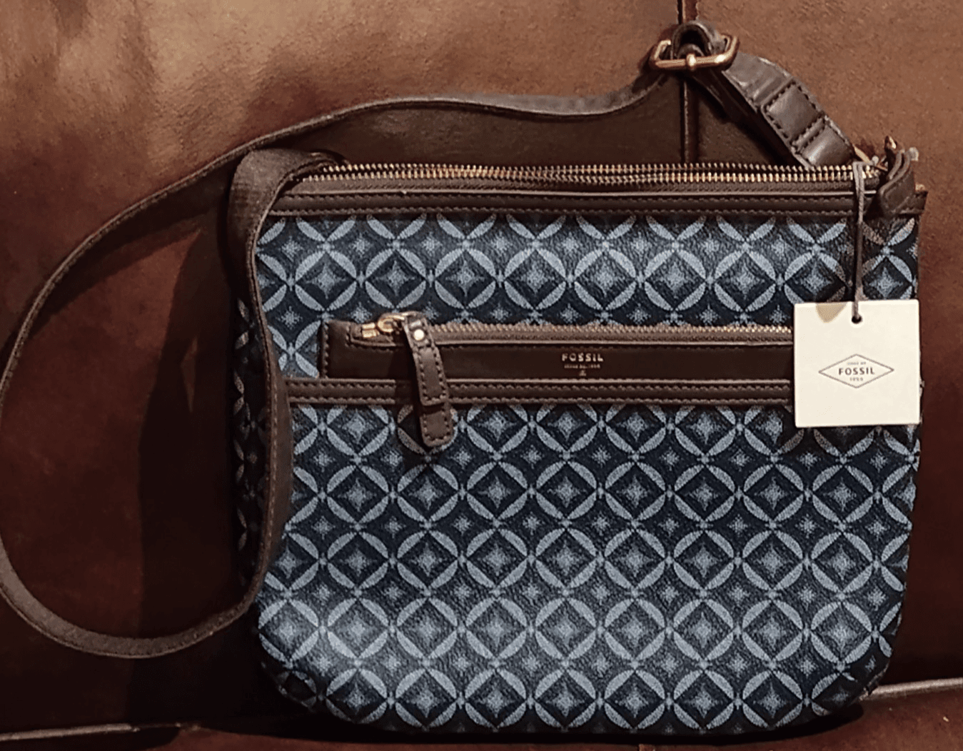 Vtg Leather Fossil handbag Tessa Crossbody blue woven braided pattern - Image 1