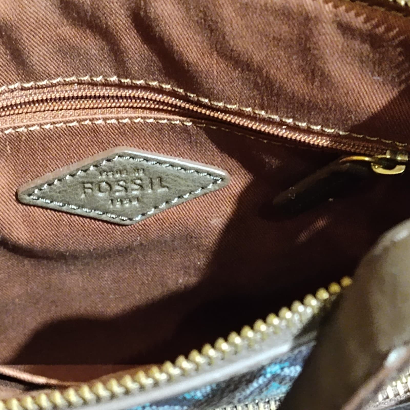 Vtg Leather Fossil handbag Tessa Crossbody blue woven braided pattern - Thumbnail 5