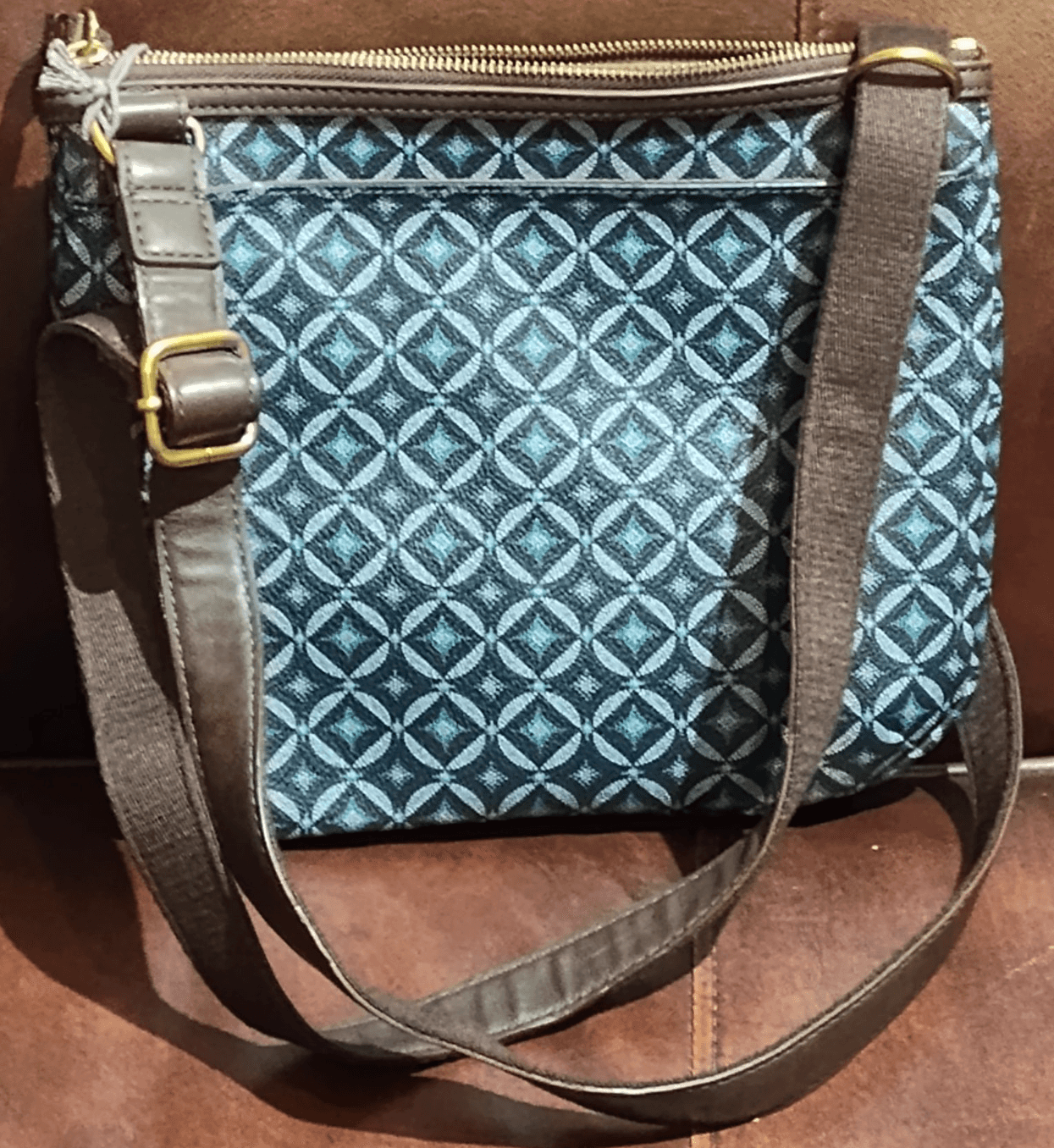 Vtg Leather Fossil handbag Tessa Crossbody blue woven braided pattern - Thumbnail 4