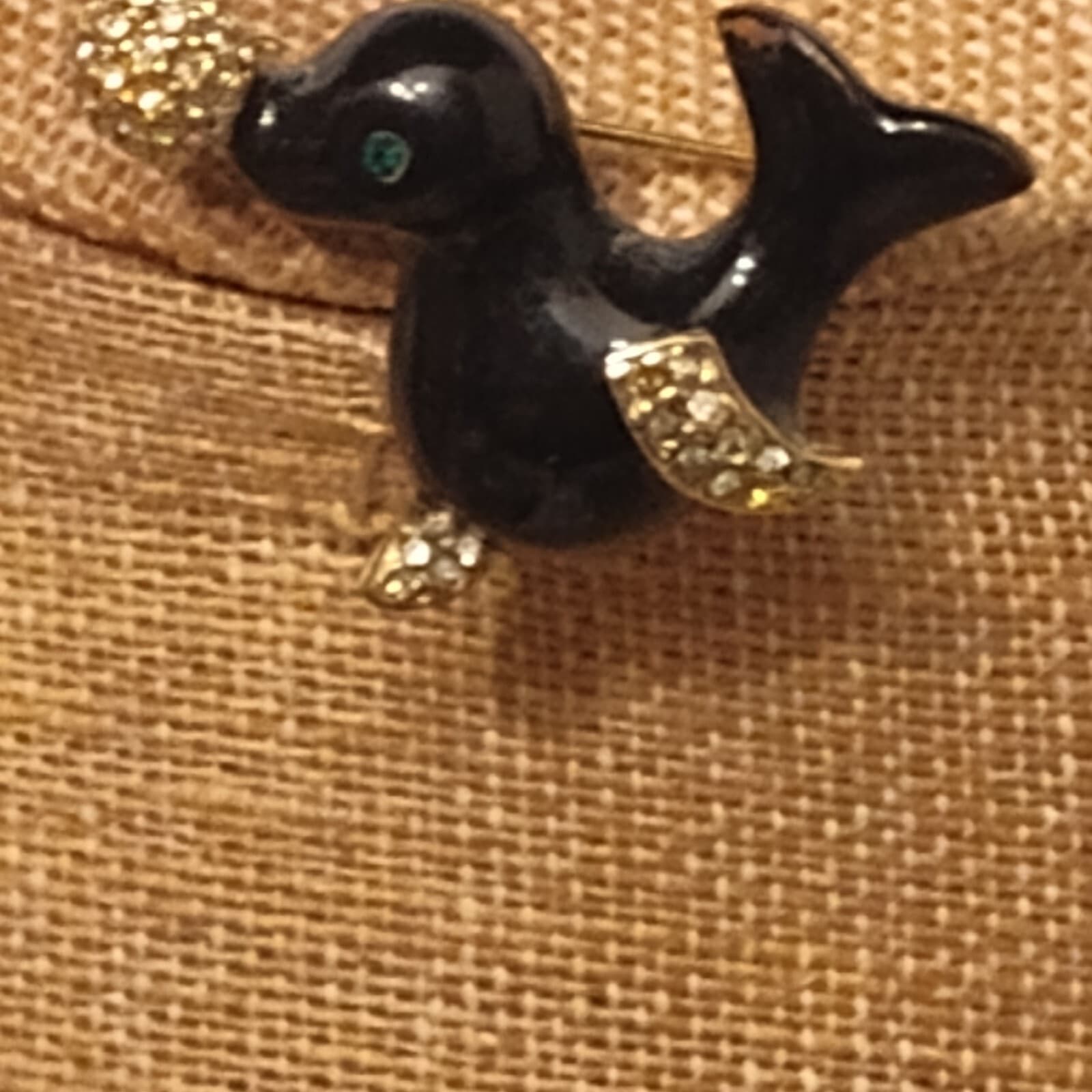 Womens Brooch Seal Ball Rhinestone Enamel 2" Gold Tone Pin Estate Jewelry - Image 1