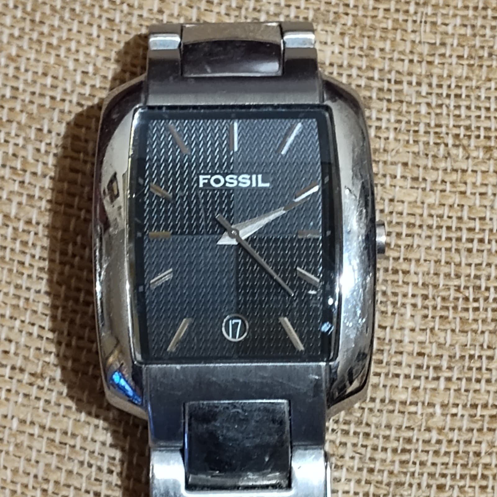 FOSSIL MEN'S STAINLESS STEEL WATER RESISTANT 5ATM BLACK DIAL RECTANGLE - Image 1
