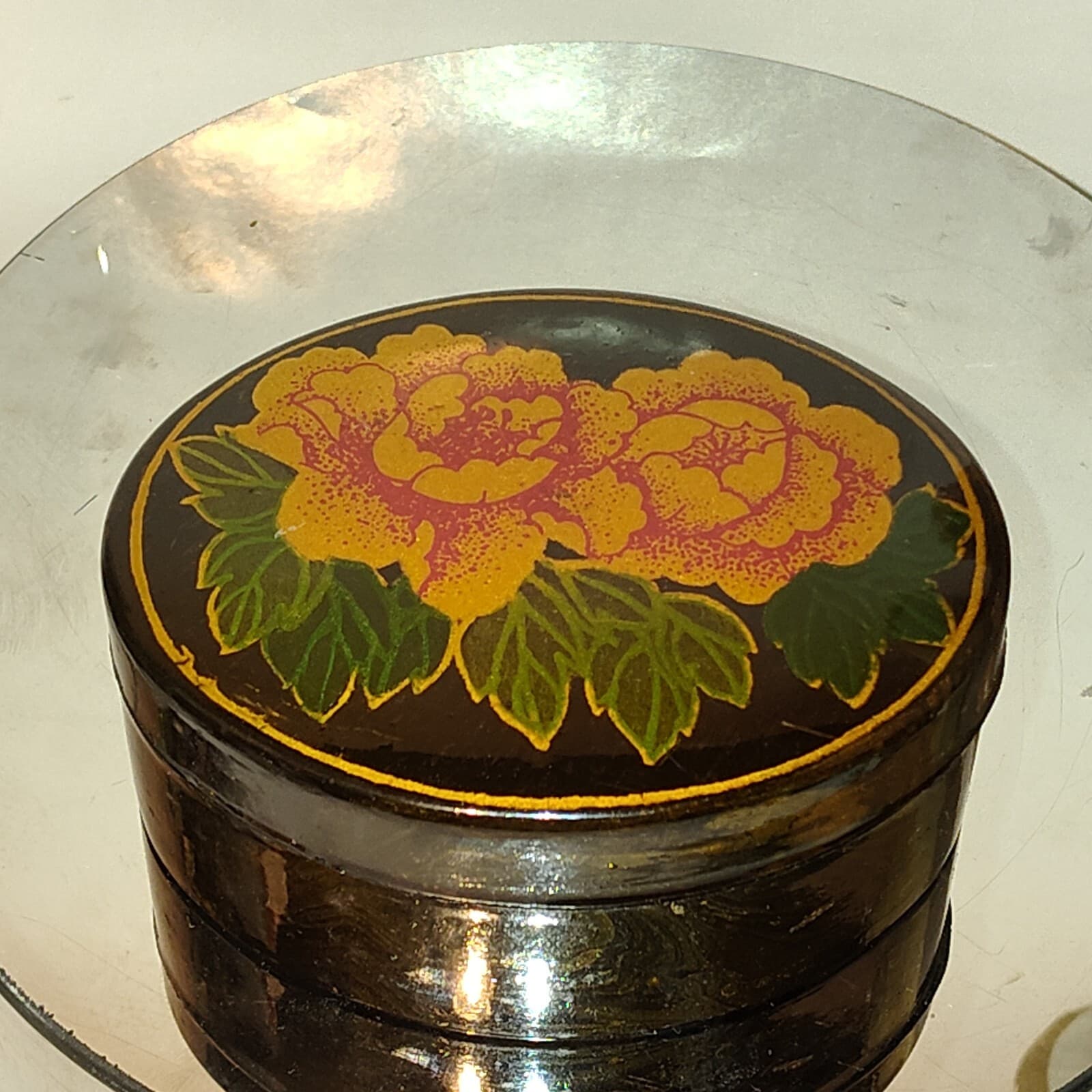 Vintage Oval Plastic Lacquered Trinket Jewelry Box w/ Floral Design 6 1/2" Long - Image 1