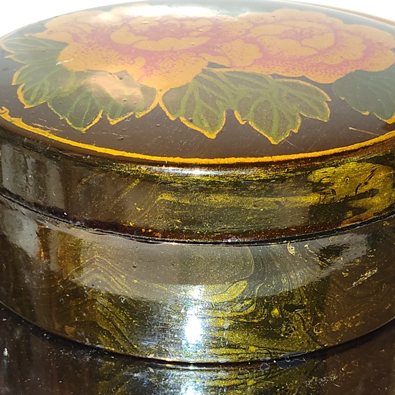 Vintage Oval Plastic Lacquered Trinket Jewelry Box w/ Floral Design 6 1/2" Long - Thumbnail 2