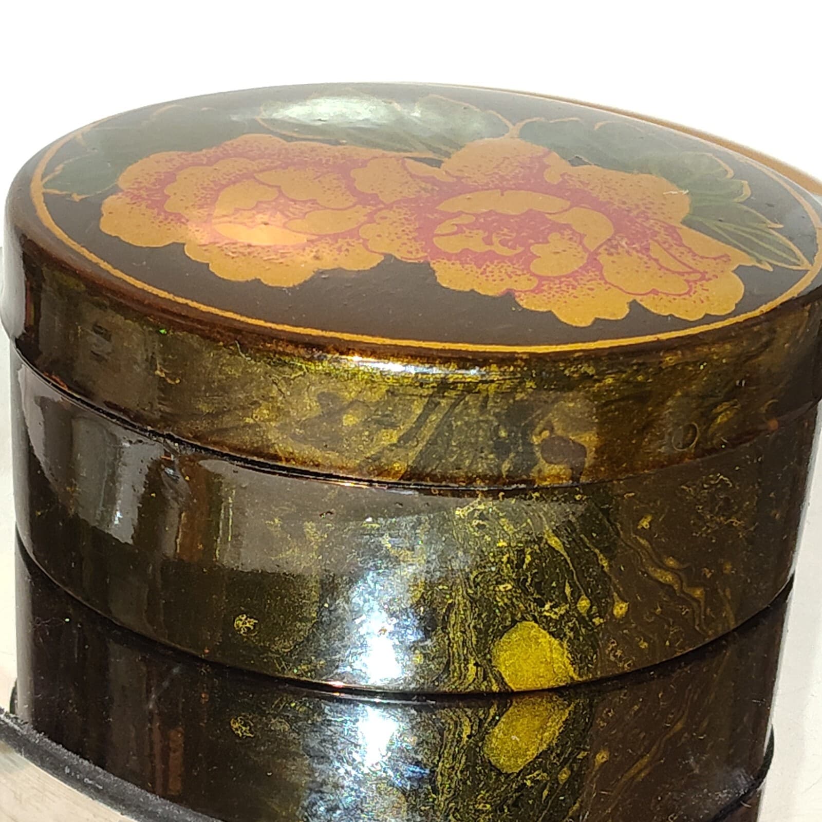 Vintage Oval Plastic Lacquered Trinket Jewelry Box w/ Floral Design 6 1/2" Long - Thumbnail 3