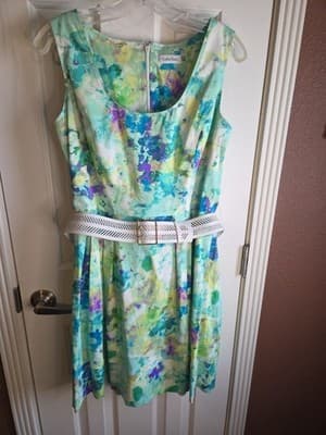 CALVIN KLEIN Spring Prints Belted Sleeveless Summer Dress Sz 14 - Image 1