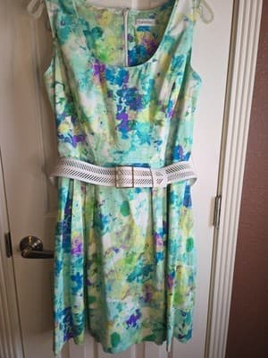 CALVIN KLEIN Spring Prints Belted Sleeveless Summer Dress Sz 14 - Thumbnail 2