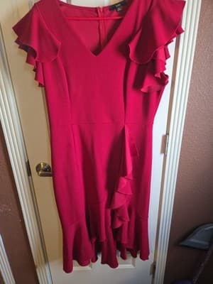 KNITEE Red Ruffle Midi Dress XL Elegant Cocktail Party Lightly Used - Thumbnail 3
