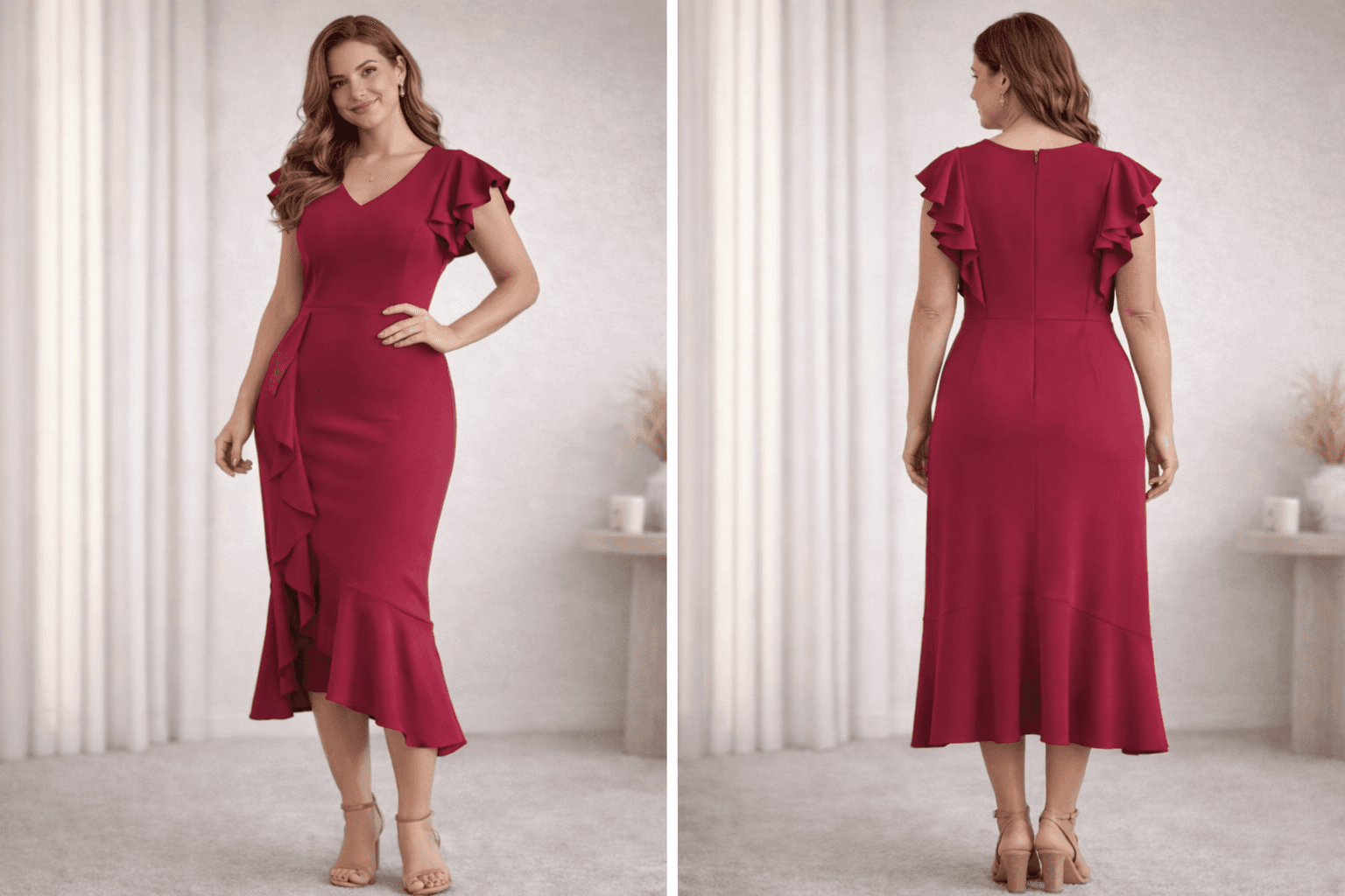 KNITEE Red Ruffle Midi Dress XL Elegant Cocktail Party Lightly Used - Thumbnail 2