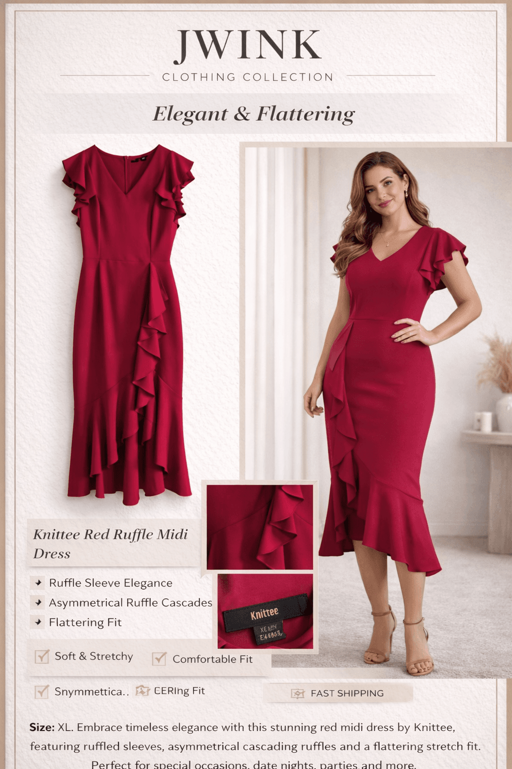 KNITEE Red Ruffle Midi Dress XL Elegant Cocktail Party Lightly Used - Image 1