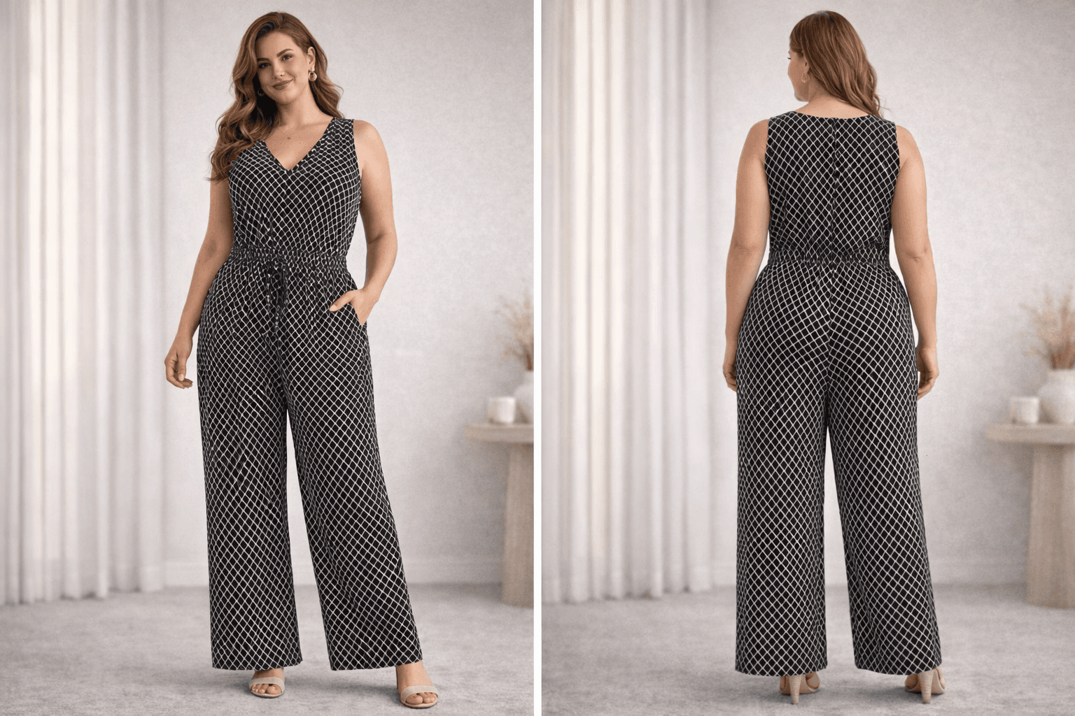 Calvin Klein Black White Jumpsuit XL Wide Leg Sleeveless Geometric Print Stretch - Thumbnail 2