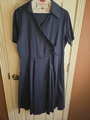 SAMTREE Navy 50s Style Dress XXL Vintage Inspired Wrap Collared Midi Flowy - Thumbnail 3