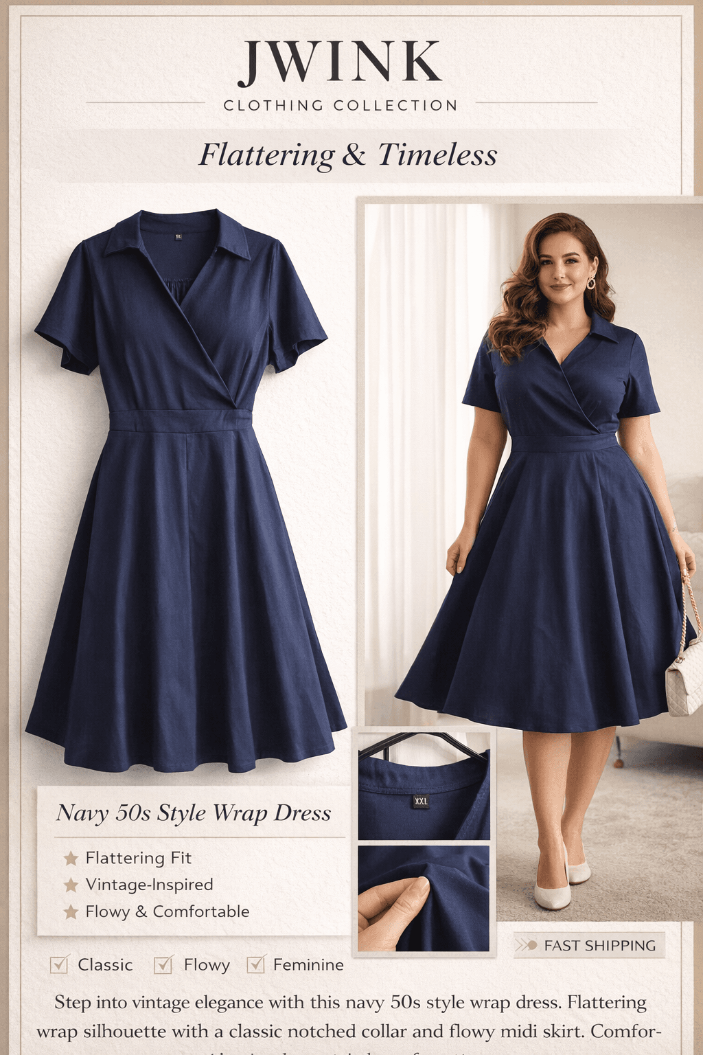 SAMTREE Navy 50s Style Dress XXL Vintage Inspired Wrap Collared Midi Flowy - Image 1