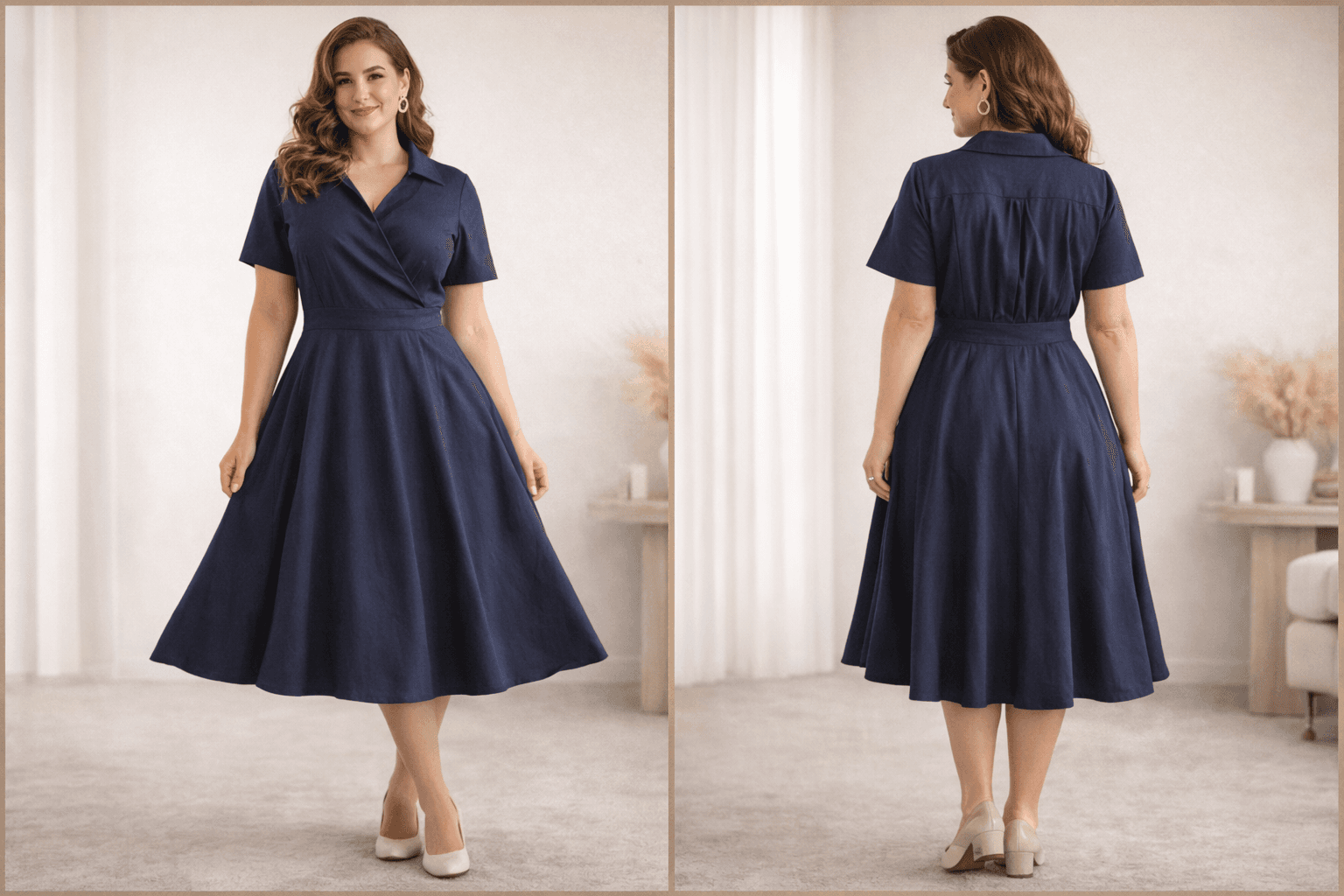 SAMTREE Navy 50s Style Dress XXL Vintage Inspired Wrap Collared Midi Flowy - Thumbnail 2