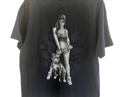 Fruit Of The Loom HD Shirt Mens XL EG Black Skull Face Girl Pitbull Dog Tattoo - Thumbnail 2