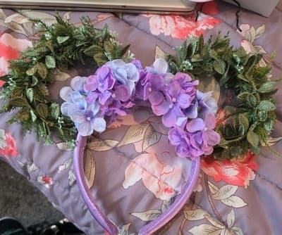 Disney Parks Minnie Mouse Floral Purple Hydrangea Leaves Ears Headband Used Good - Thumbnail 3
