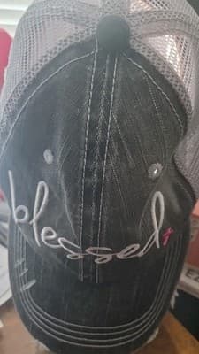 Blessed Pink Cancer Ribbon Distressed Embroidered Trucker Hat Mesh Back Gray - Image 1
