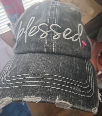 Blessed Pink Cancer Ribbon Distressed Embroidered Trucker Hat Mesh Back Gray - Thumbnail 2
