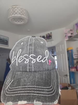 Blessed Pink Cancer Ribbon Distressed Embroidered Trucker Hat Mesh Back Gray - Thumbnail 3