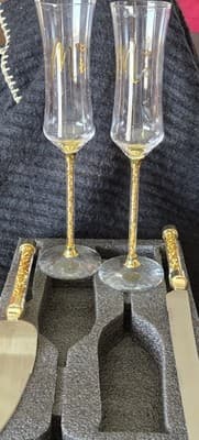 Sratte 4 Pcs Wedding Cake Knife and Champagne Flutes Server Set, Toasting Cry... - Image 1