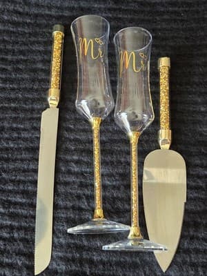 Sratte 4 Pcs Wedding Cake Knife and Champagne Flutes Server Set, Toasting Cry... - Thumbnail 3