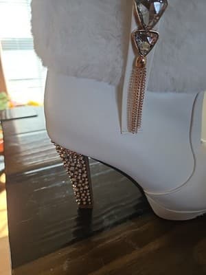 White Faux Leather Mid-Calf Bootie with Fur Trim, Rhinestone, Beaded Accents - Thumbnail 3