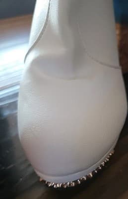 White Faux Leather Mid-Calf Bootie with Fur Trim, Rhinestone, Beaded Accents - Thumbnail 4