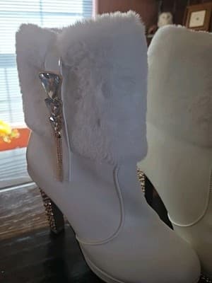 White Faux Leather Mid-Calf Bootie with Fur Trim, Rhinestone, Beaded Accents - Thumbnail 2