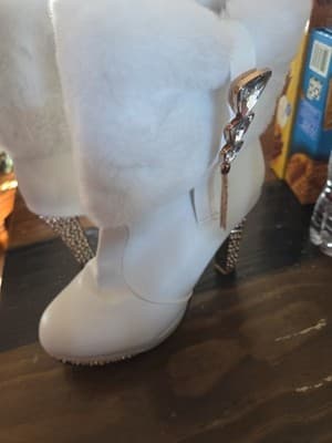 White Faux Leather Mid-Calf Bootie with Fur Trim, Rhinestone, Beaded Accents - Thumbnail 5