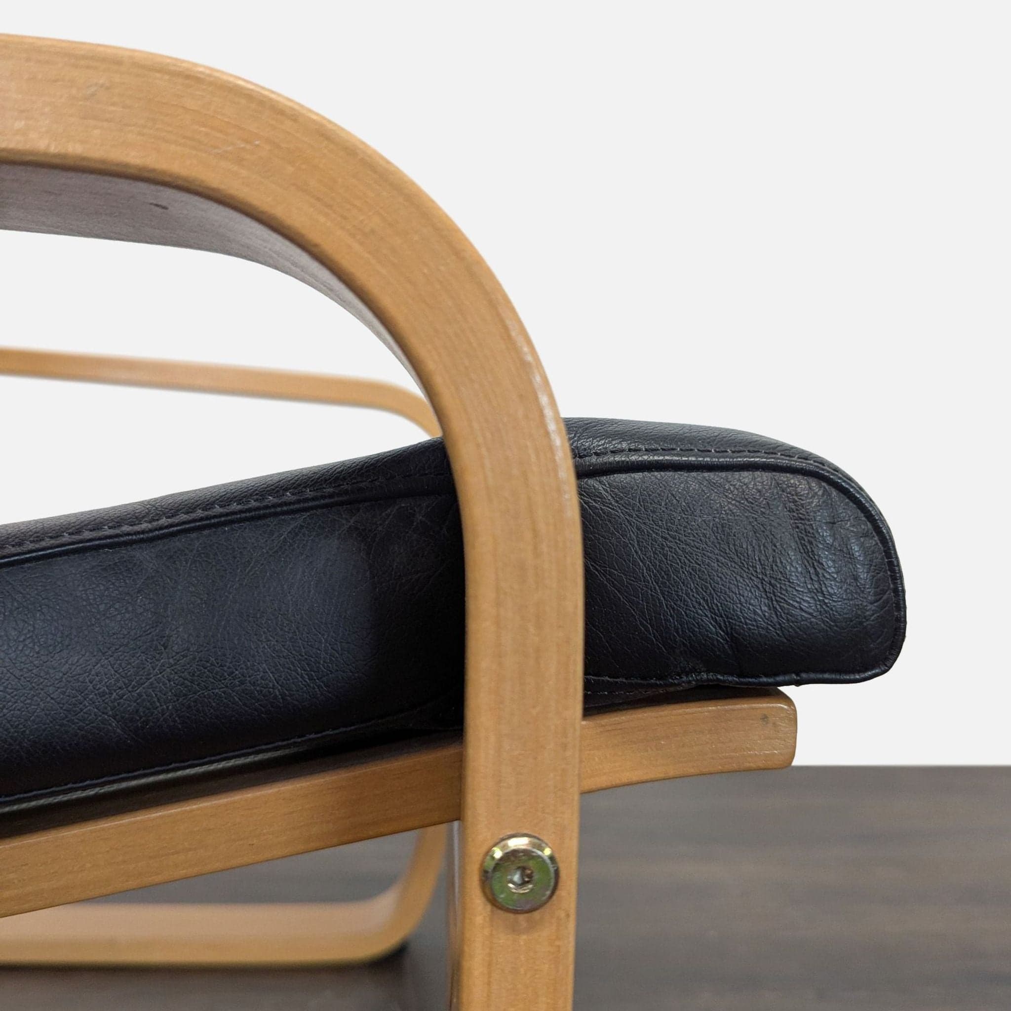 Modern Lounge Chair with Wooden Frame and Black Leather Cushion - Thumbnail 6