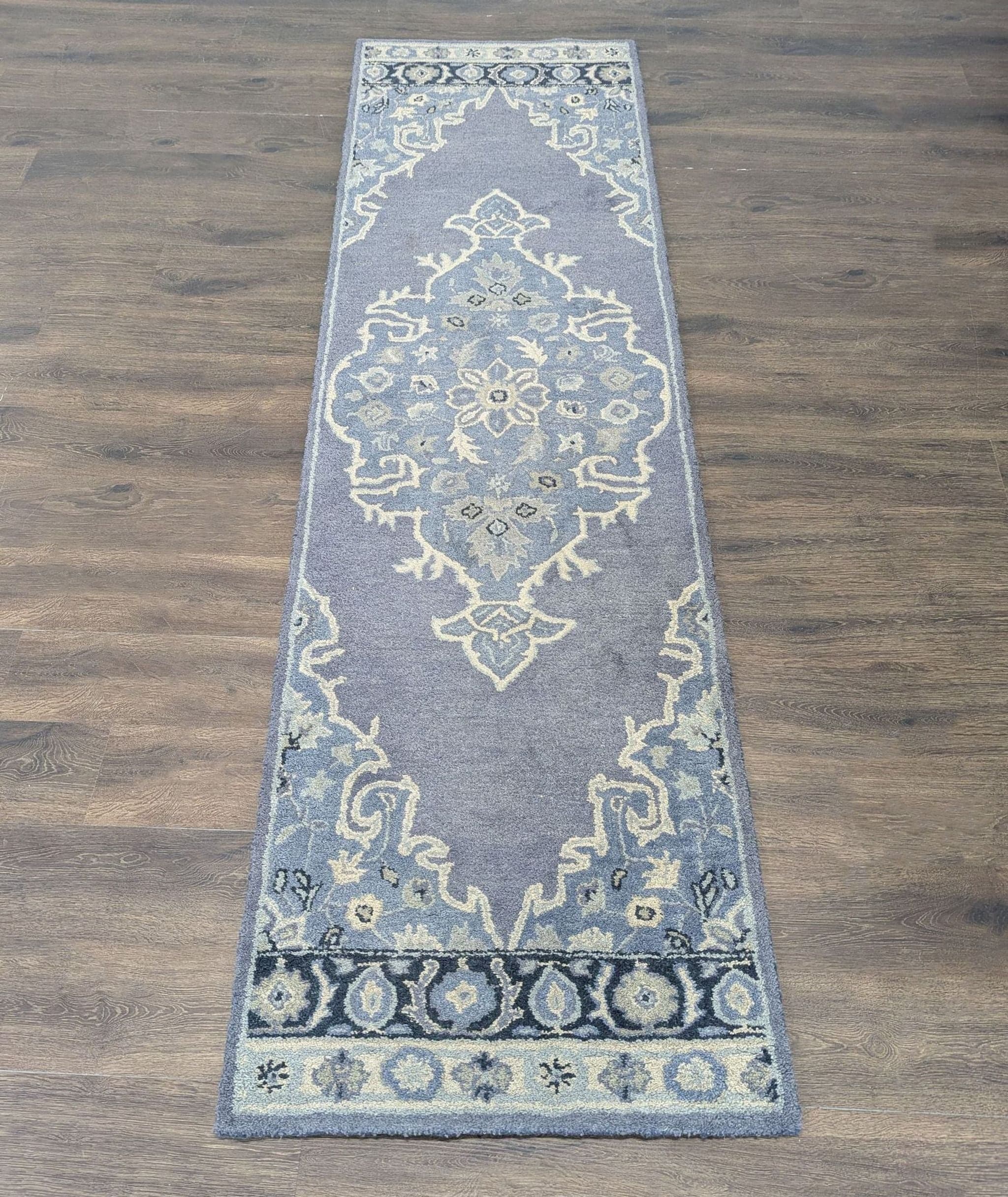 Pottery Barn Bryson Blue & Ivory Floral Wool Hand Tufted Medallion Runner Rug - Image 1