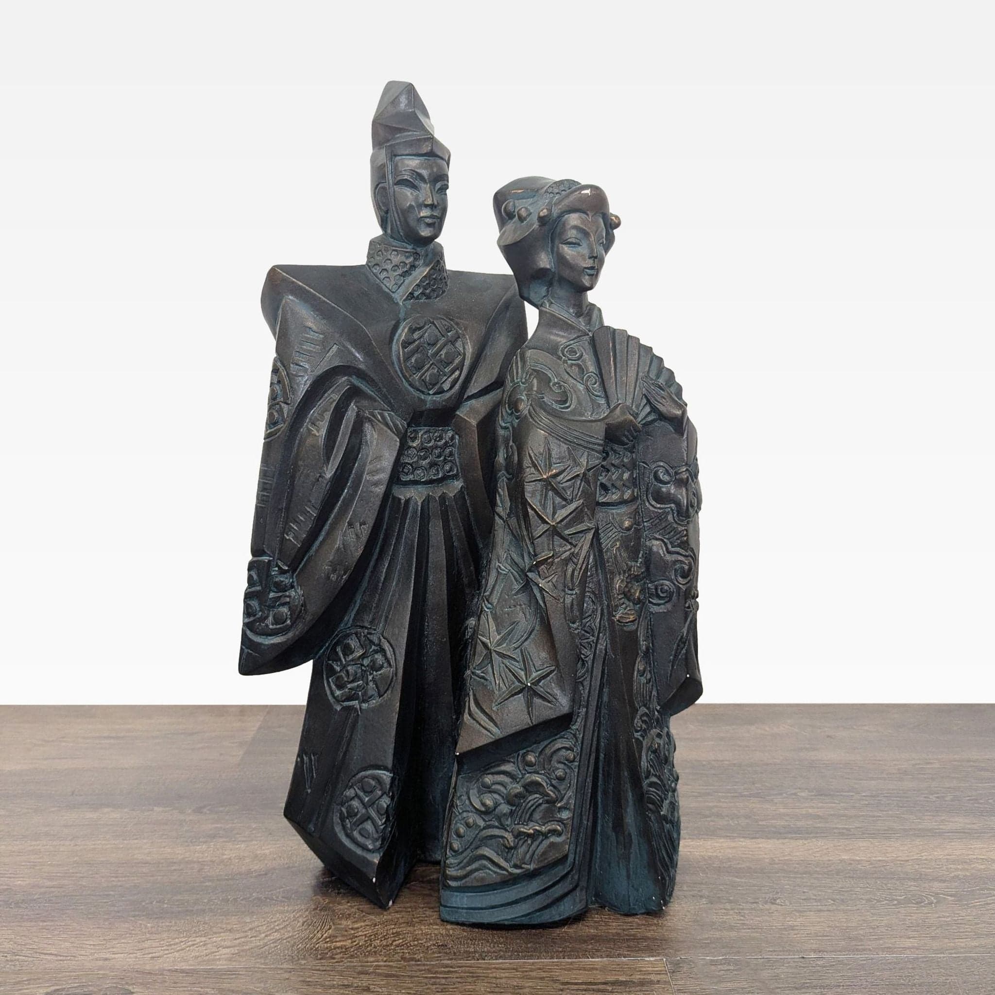 Tomoe & Hime Japanese Couple Sculpture – Dark Finish, Intricate Detailing - Image 1