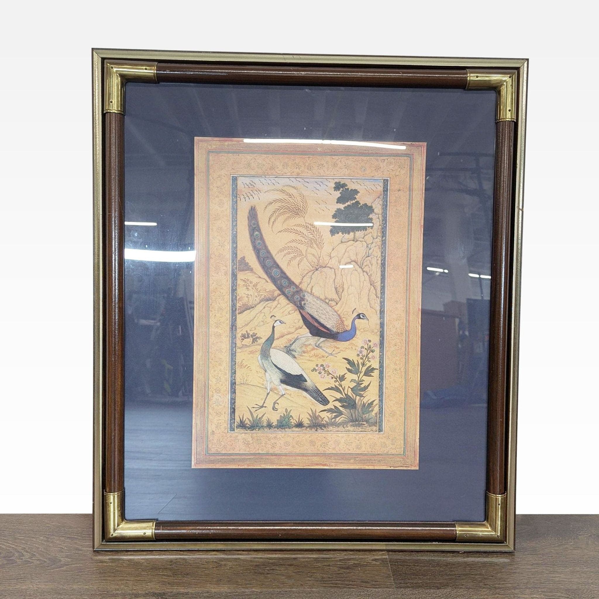 Vintage Framed Reproduction of a Mughal painting Titled Peacock and Peahen - Image 1